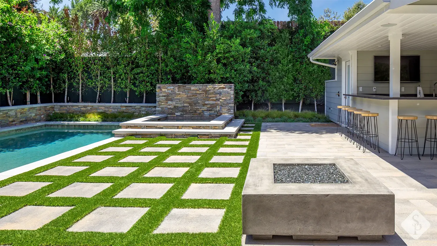 plunge pool with turf and tile hardscape, concrete gas firepit