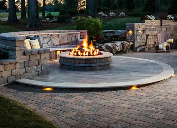 outdoor fire pit with tile deck and lounge bench