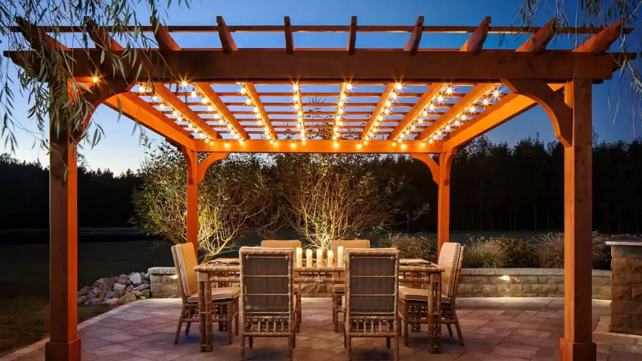 outdoor tile deck with wood pergola