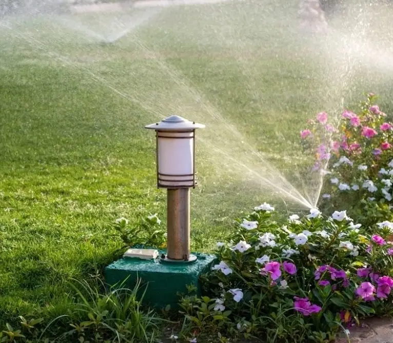 irrigation sprinkler watering grass and purple and white flowers